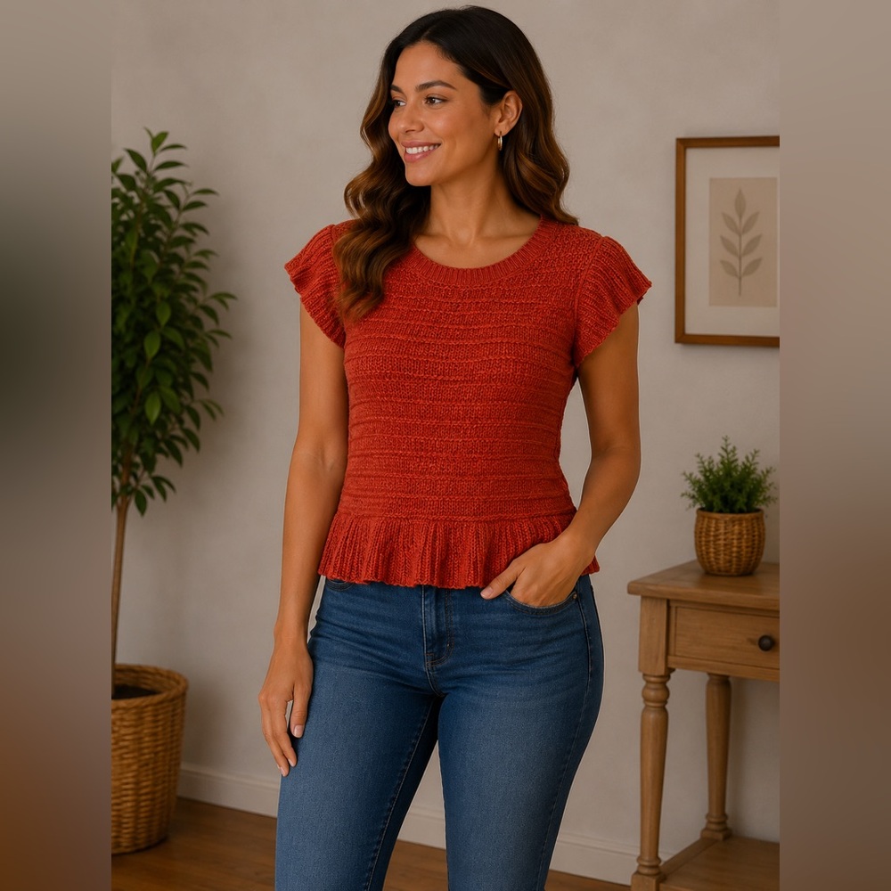 Time and Tru Ruffled Short Sleeve Knit Top - Rust Orange